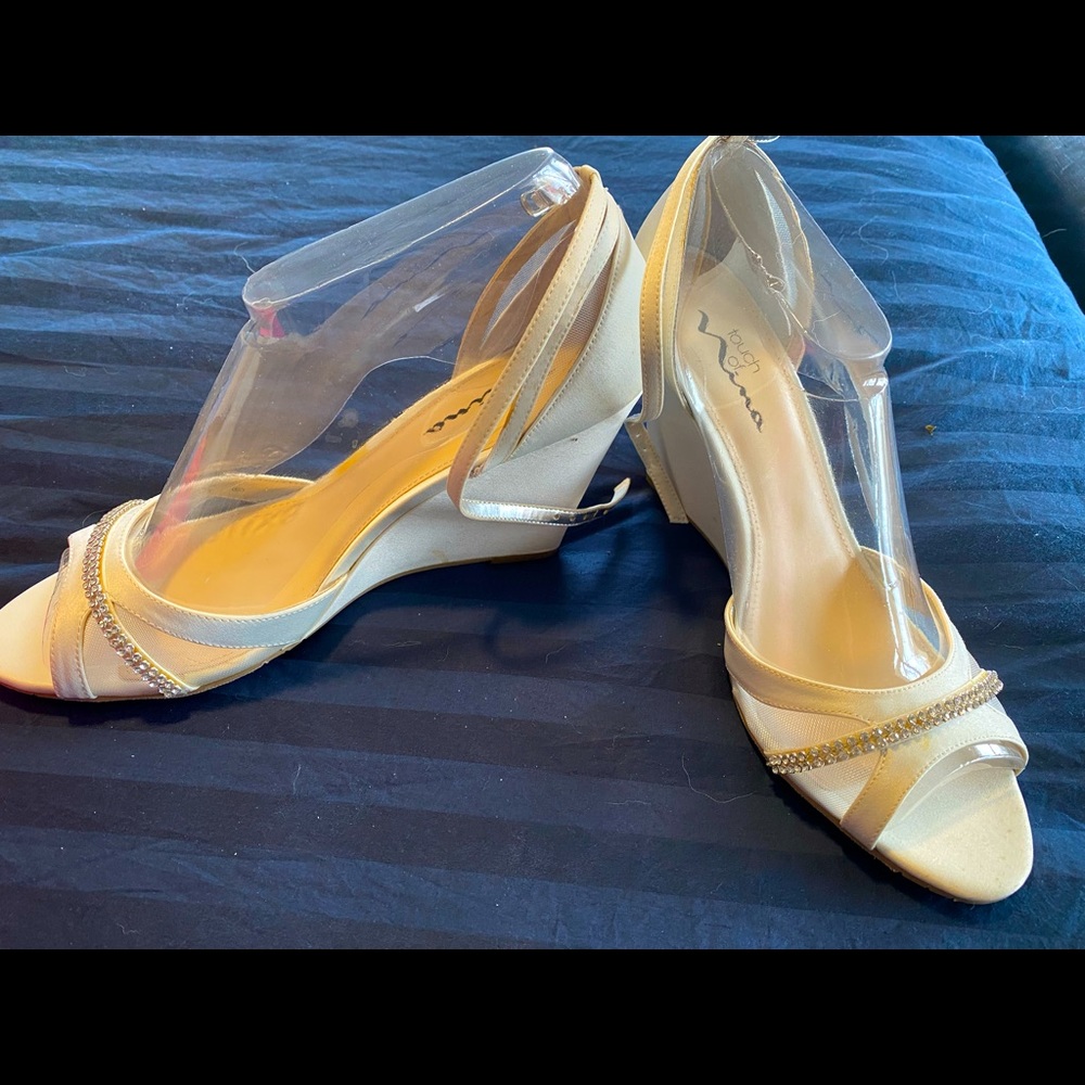 Nina Ivory Wedges with Rhinestone trim size 10